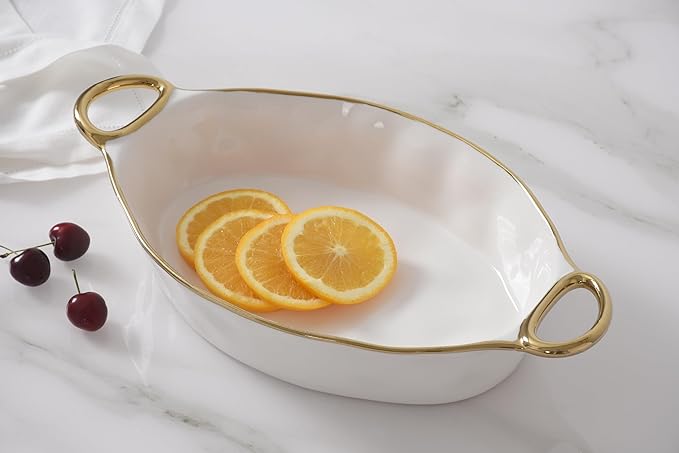 Pampa Bay Porcelain Oval Baking Dish, Golden Handles