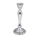 A single, tall candlestick with a polished silver/nickel plated finish and a sturdy base, designed for taper candles.