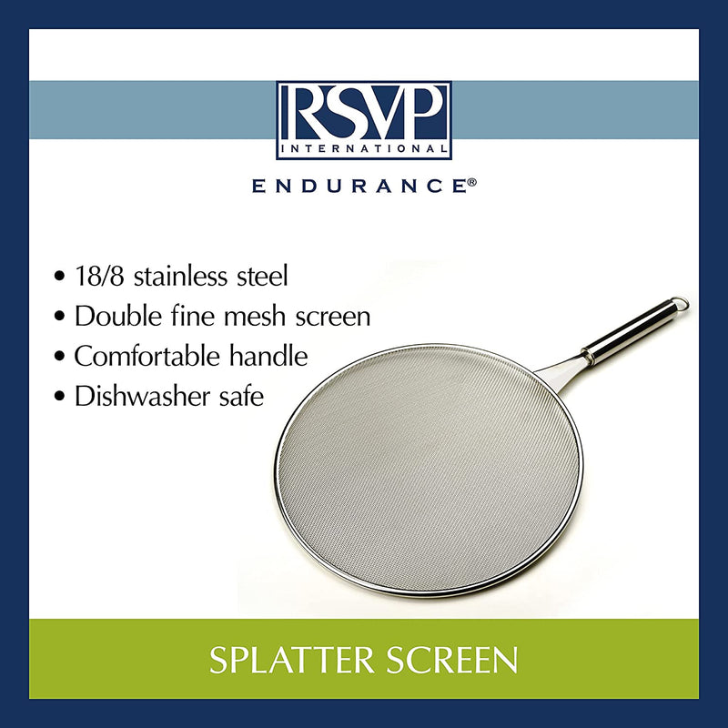 RSVP International Splatter Screen, One Size - Fine Mesh Stainless Steel, 13" in Diameter with 6.25" Handle |Keeps its Shape & Construction Over Time | Dishwasher Safe, 13 Inch, Multi Color