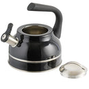 A black Kenmore Elite Costner whistling tea kettle with a polished stainless steel band at its base and a heat-resistant black Bakelite handle.