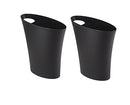 A pair of slim, black, oval-shaped trash cans with a slightly tapered design. Each can has a handle integrated into its top rim, which is cut at an angle.