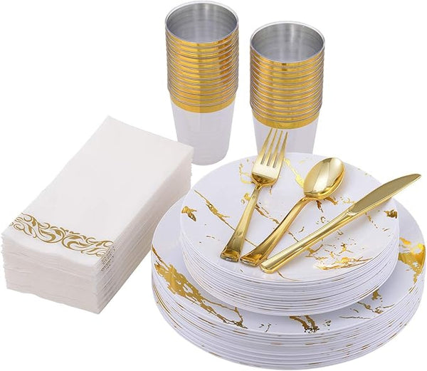 Vplus 175 Count Black and Gold Marbling Plastic Plates Sets, Disposable Dinnerware Sets for Party Halloween, Include 25 Dinner Plates,25 Dessert Plates,25 Forks,25 Knives,25 Spoons,25 Cups,25 Napkins