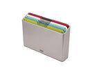 Joseph Joseph 4-piece multicolor cutting board set with slim silver storage case.
