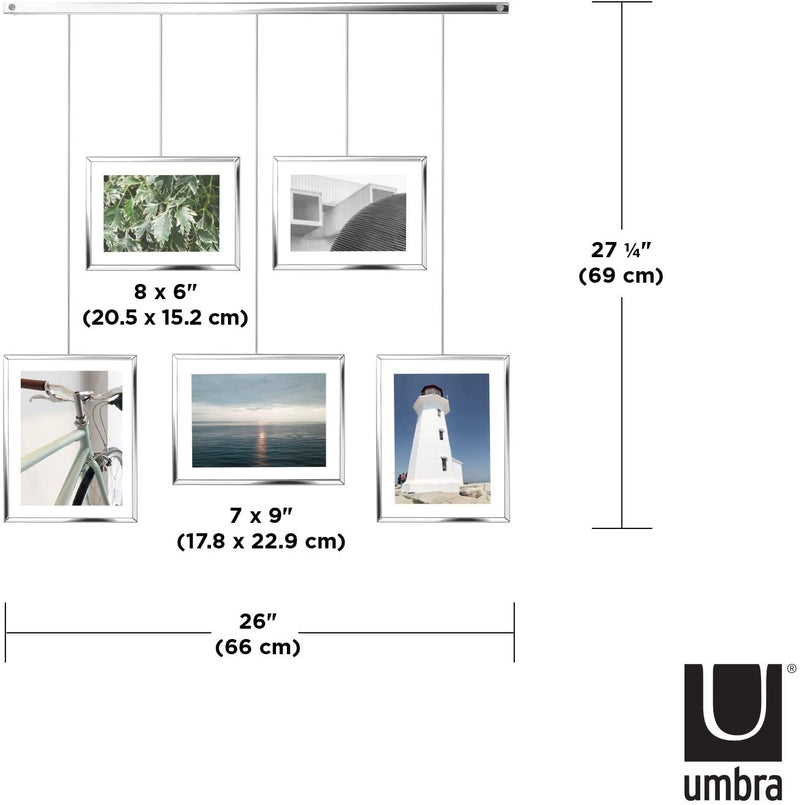 Umbra Exhibit Picture Frame Gallery Set Adjustable Collage Display for 5 Photos, Prints, Artwork & More (Holds Two 4 x 6 inch and Three 5 x 7 inch Images), 5 Opening, Chrome