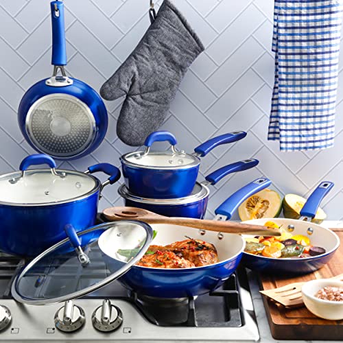 Kenmore Arlington Nonstick Ceramic Coated Forged Aluminum Induction Cookware with Bakelite Handles, 12-Piece Set, Metallic Blue