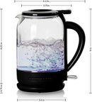Dimensions for OVENTE black 1.5L electric glass kettle with blue LED lighting and ProntoFill lid on a white background.