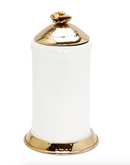 Large White Glass Canister with Gold Hammered Base and Lid and Flower Knob