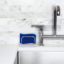 A stacked pile of three rectangular, dual-sided cleaning sponges. Each sponge has a light blue absorbent cellulose side and a dark blue non-scratch scouring pad side.