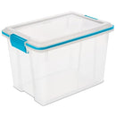 Clear Sterilite 20 Quart Gasket Box with a white lid and blue latches.