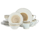 16-piece stoneware dinnerware set in taupe with a reactive glaze and an embossed spiral pattern, including dinner plates, dessert plates, cereal bowls, and mugs.