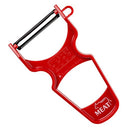 Red Y-peeler with "Heavy Duty, Ultra Sharp Carbon Steel Swiss Blade" and "Easy Grip." Kosher-certified.