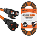 Electery 25 ft orange outdoor extension cord with 3-prong grounded plug coiled neatly on a white background.