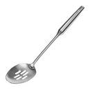 Stainless steel slotted cooking spoon with a polished finish, displayed on a white background.