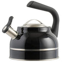 A black Kenmore Elite Costner whistling tea kettle with a polished stainless steel band at its base and a heat-resistant black Bakelite handle.