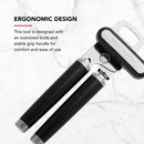 Black stainless steel multifunction can opener with ergonomic handles and built-in bottle opener