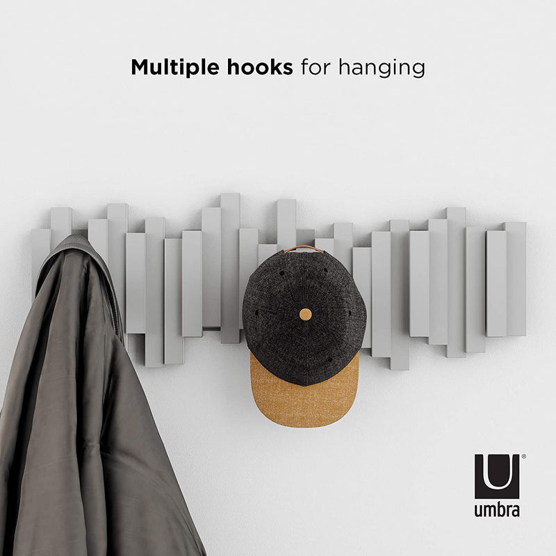 Umbra Sticks Multi Hook Coat Rack – Modern, Unique, Space-Saving Coat Hanger with 5 Flip-Down Hooks for Hanging Coats, Scarves, Purses and More, Gray