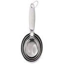 Set of four stainless steel oval measuring cups with stamped handles from Cuisipro, includes 1/4 to 1 cup sizes