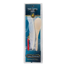 A packaged set of wooden cooking utensils, including two spoons, with a colorful card featuring the brand name and a logo.