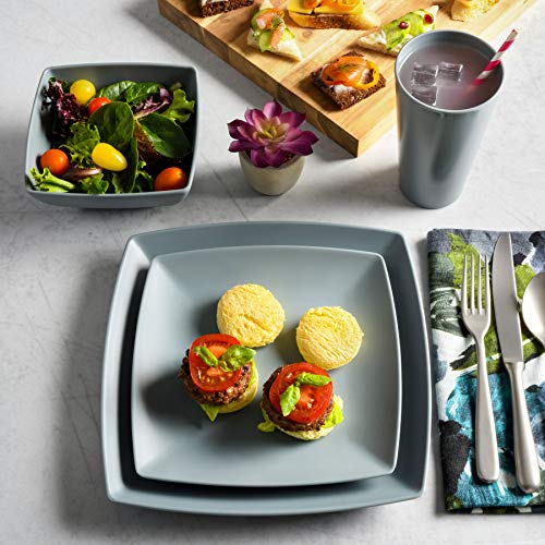 Gibson Home Soho Grayson Square Melamine Plastic Dinnerware Set, Service for Four (16pcs), Grey