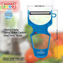 Blue Y-peeler with "Heavy Duty, Ultra Sharp Carbon Steel Swiss Blade" and "Easy Grip." Kosher-certified.