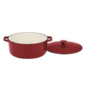 Cuisinart 7-quart enameled cast iron round casserole in cardinal red with matching lid and side handles, shown on a white background.