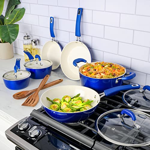 Kenmore Arlington Nonstick Ceramic Coated Forged Aluminum Induction Cookware with Bakelite Handles, 12-Piece Set, Metallic Blue