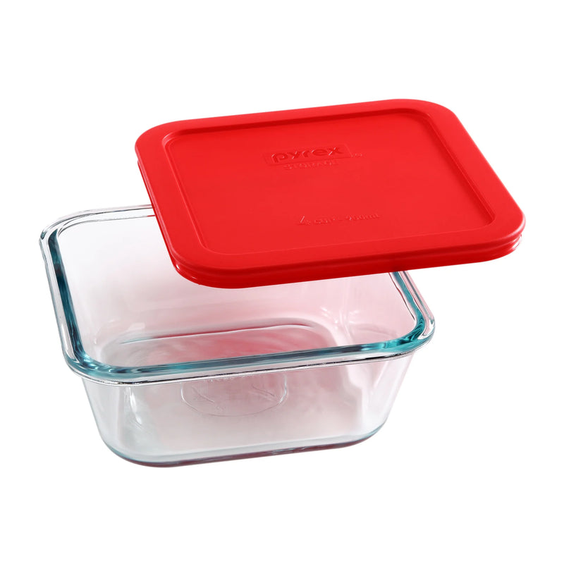 Pyrex 4-cup square glass container with a red BPA-free lid, shown on a white background.