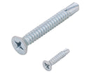 Two silver self-drilling screws with Phillips flat heads and sharp cutting tips. The screws have a threaded shank and are designed for fastening into metal or other hard surfaces without the need for pre-drilling.