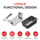 Elbee Home stainless steel meatloaf pan featuring a removable, perforated inner tray for easy grease drainage and lifting, shown with a matching serving spatula.