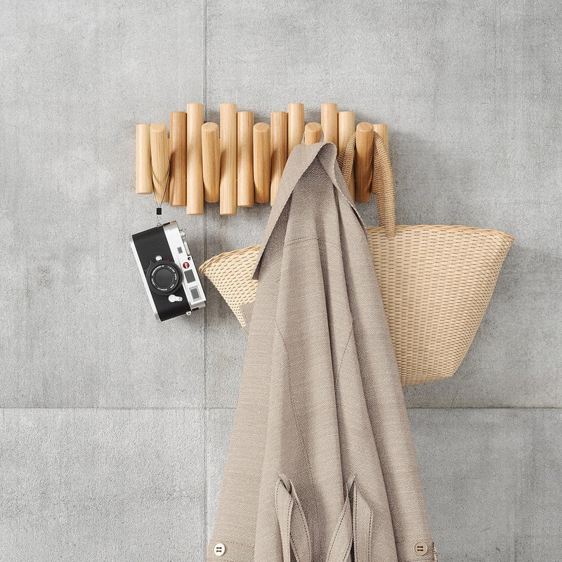 Umbra Picket 5 Hooks, Wall-Mounted Rail, Doubles as Art, Beveled Pine Wood Dowels, Natural Finish