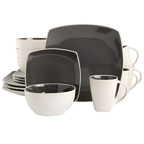 Gibson Soho Lounge Square Reactive Glaze Stoneware Dinnerware Set, Service for 4 (16pc), Grey/White