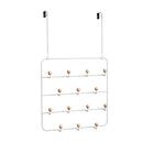 White Umbra Estique over-the-door multi-use organizer with 14 hooks featuring natural wood ends, shown against a white background.