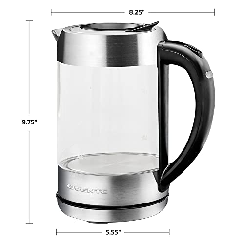 OVENTE Glass Electric Kettle Hot Water Boiler 1.7 Liter ProntoFill Tech w/ Stainless Steel Filter - 1500W BPA Free Water Heater Kettle for Coffee & Tea Maker - Silver KG612S + Glass Tea Pot Infuser