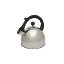 Silver whistling tea kettle with a curved black handle and spout