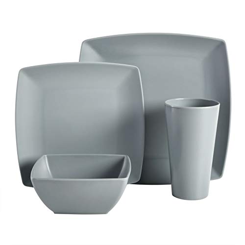 Gibson Home Soho Grayson Square Melamine Plastic Dinnerware Set, Service for Four (16pcs), Grey