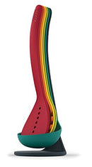 A complete, multicolored kitchen utensil set neatly stacked and stored on a black magnetic stand.