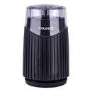 Black electric coffee grinder with a clear lid, featuring a textured body.