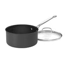 A black 3-quart nonstick saucepan with a glass lid and stainless steel handle on a white background.