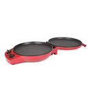 Red electric pizza maker with a cooked pizza inside, lid open, and controls visible.