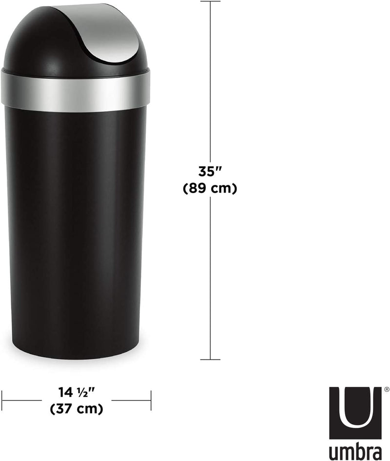 Umbra Venti 16-Gallon Swing Top Kitchen Trash Can Large, 35-inch Tall Garbage Can for Indoor, Outdoor, Black/Nickel