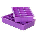 Two purple silicone ice cube trays, possibly Elbee Home brand, with one showing 15 individual square cube cavities.