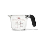 OXO Good Grips 1-cup borosilicate glass measuring cup with clear markings and black non-slip handle shown on a white background.