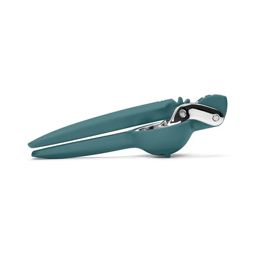 A side view of a teal-colored Chef'n FreshForce Lemon Squeezer, showcasing its ergonomic design with two long handles, and visible chrome-plated metal components at the hinge and pressing mechanism.