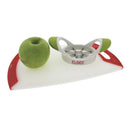 Stainless steel Elbee apple corer and wedger featuring a white body and vibrant green non-slip grips for safe and efficient fruit preparation.