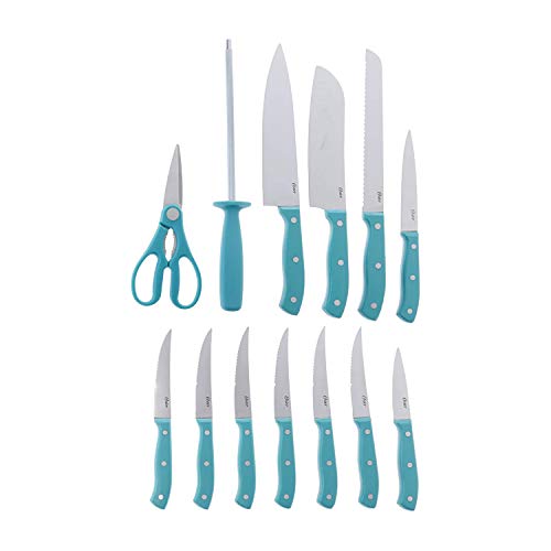 Oster Evansville 14 Piece Cutlery Set, Stainless Steel with Turquoise Handles -