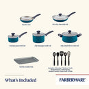 Farberware 15-Piece Aluminum Nonstick Cookware Set in a teal exterior with a light gray nonstick interior. The set includes various pots and pans with glass lids and black handles, along with a baking sheet and a set of black Prestige kitchen tools shown in an inset image.