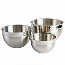 Three round, silver, shiny bowls of varying sizes, arranged from largest to smallest, showing a reflective surface.