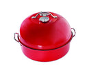 A round, red metal stovetop smoker with a high-domed lid, a built-in thermometer, and silver side handles.