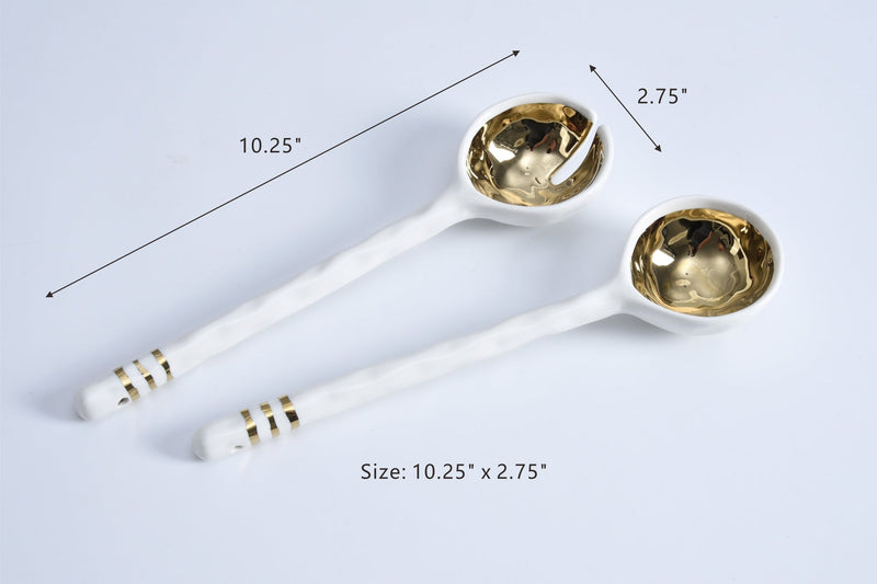 White and Gold Ceramic Salad Server Set