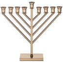 A modern Chabad Menorah with a polished rose gold finish. It has nine candle holders in a geometric, V-shaped design and a rectangular base.